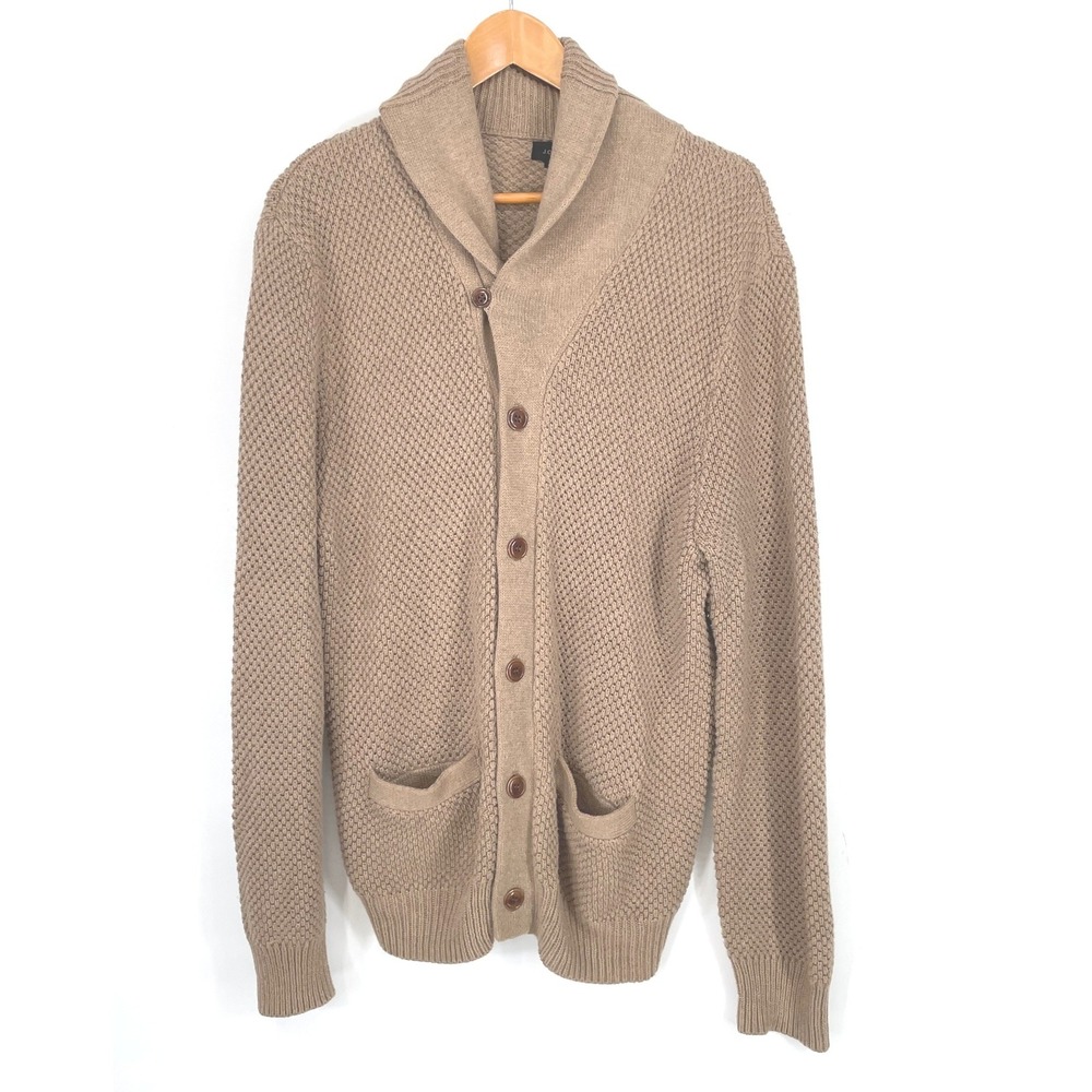 J.Crew Mens Cardigan XL Shawl Collar Brown Waffle Knit Cotton Preppy Grandpa